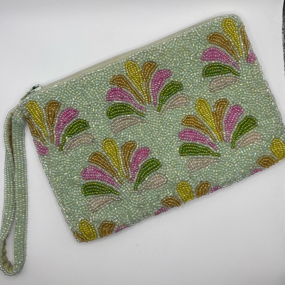 Tiana Paris Hand Beaded Wristlet Pastel Floral Clutch Mint Pink Vintage